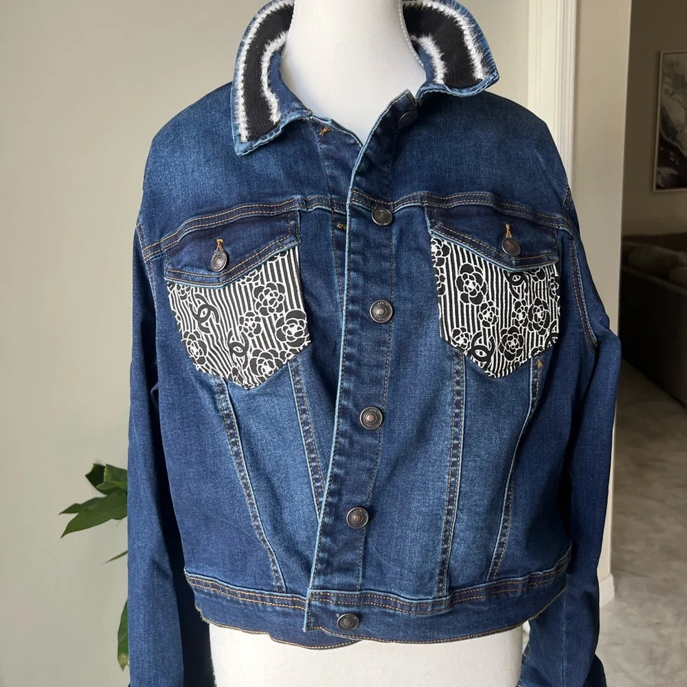 Denim Couture Jacket – Pearl Logo & Luxe Collar Detail - Picture 1 of 12